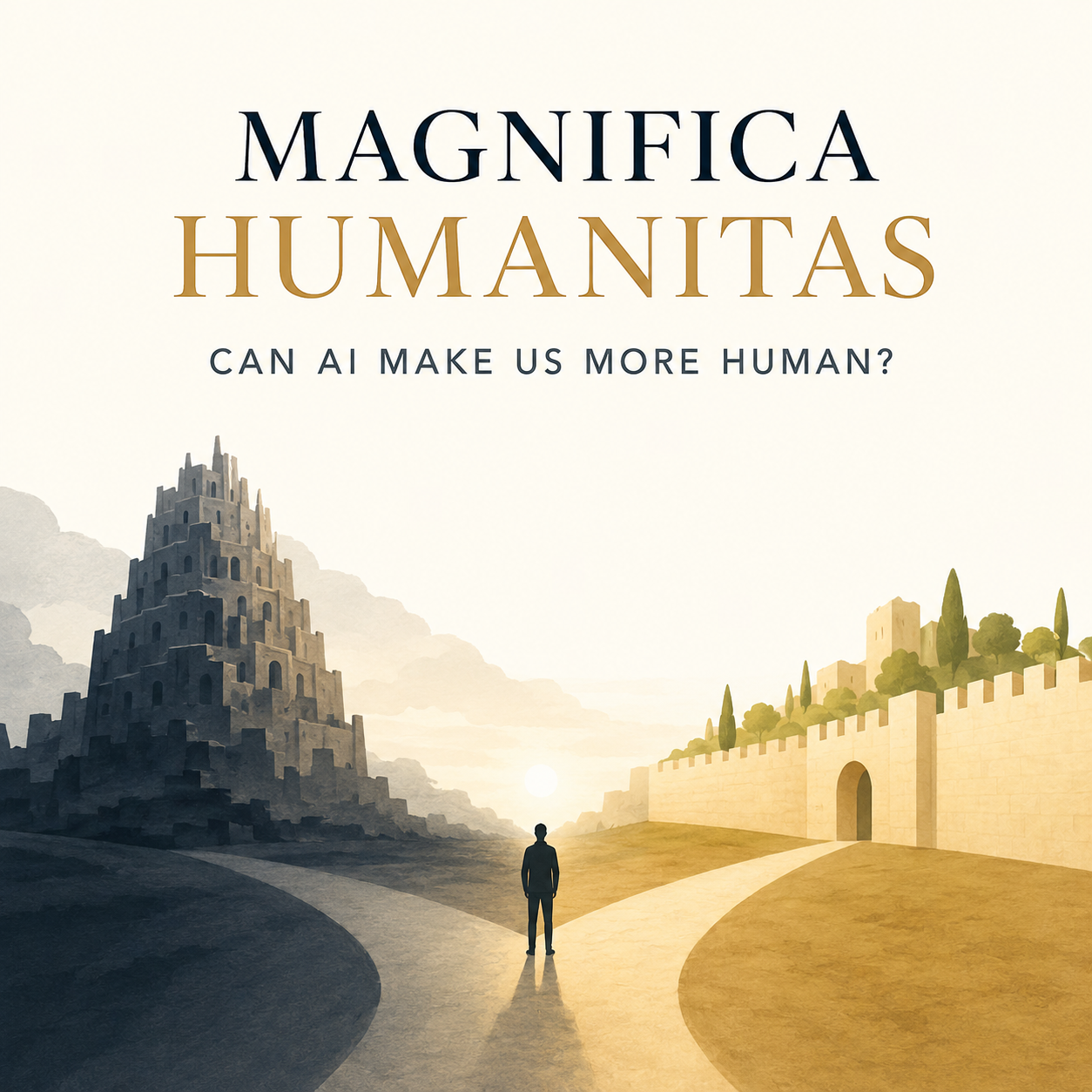 Magnifica Humanitas — illustration of a figure walking toward a walled city at dusk, with a Babel-like tower in the distance