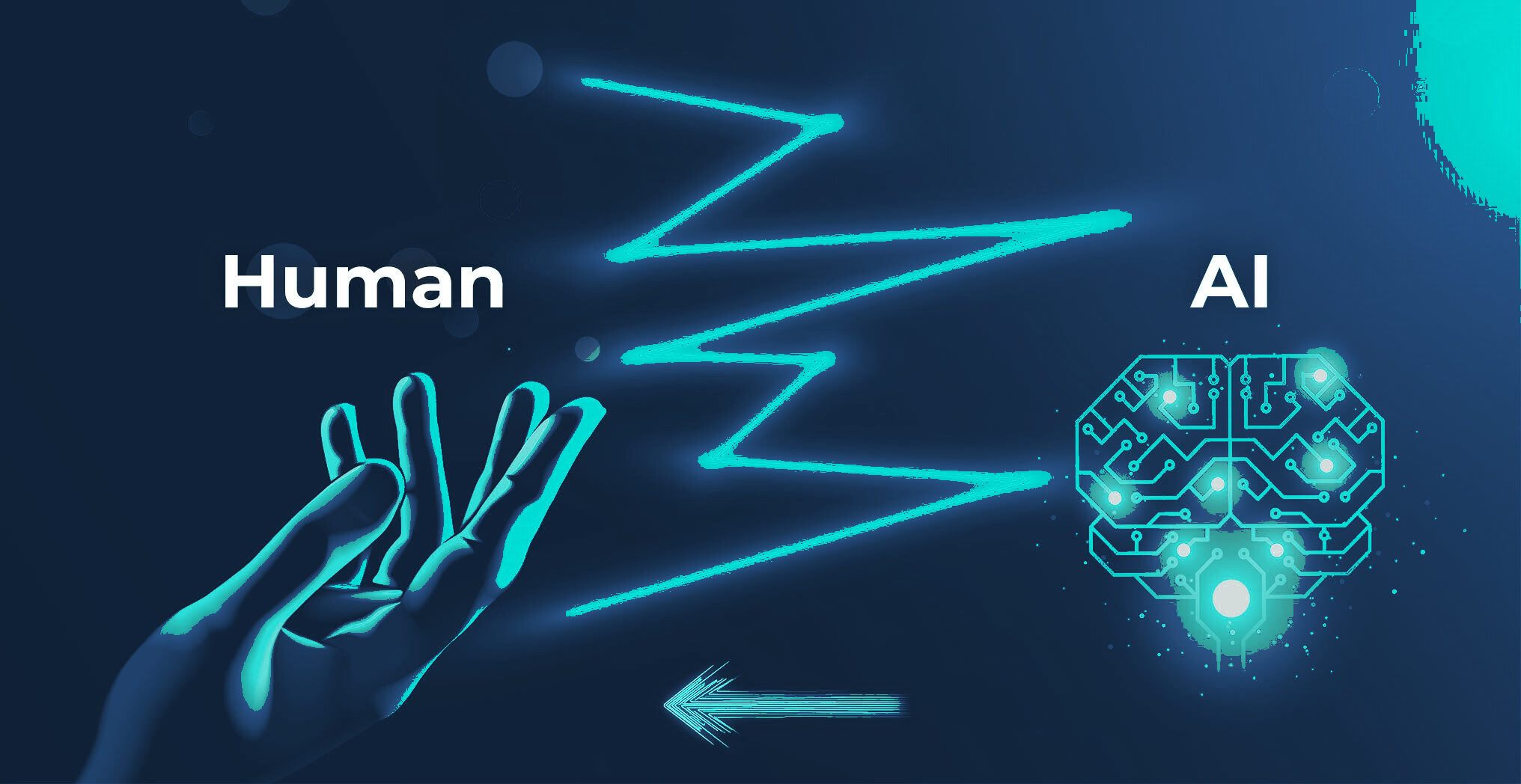 A human hand reaching across a jagged line of light toward a glowing AI brain icon